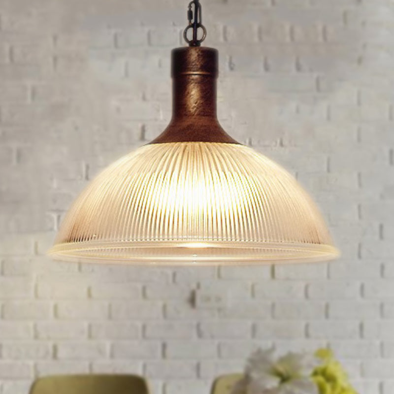 Industrial Ribbed Glass Dome Ceiling Light - Rust/Black Finish with 1 Light - Living Room Pendant Fixture