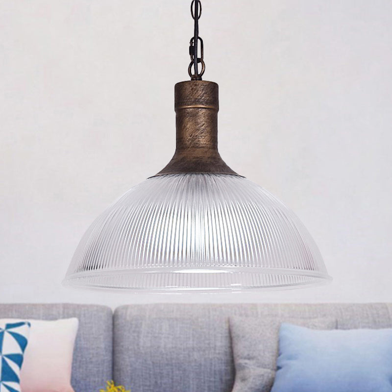 Industrial Ribbed Glass Dome Ceiling Light - Rust/Black Finish with 1 Light - Living Room Pendant Fixture