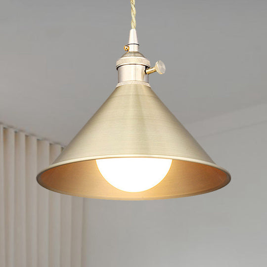 Mid Century Pendant Light Fixture with Metallic Brass Finish & Tapered Shade