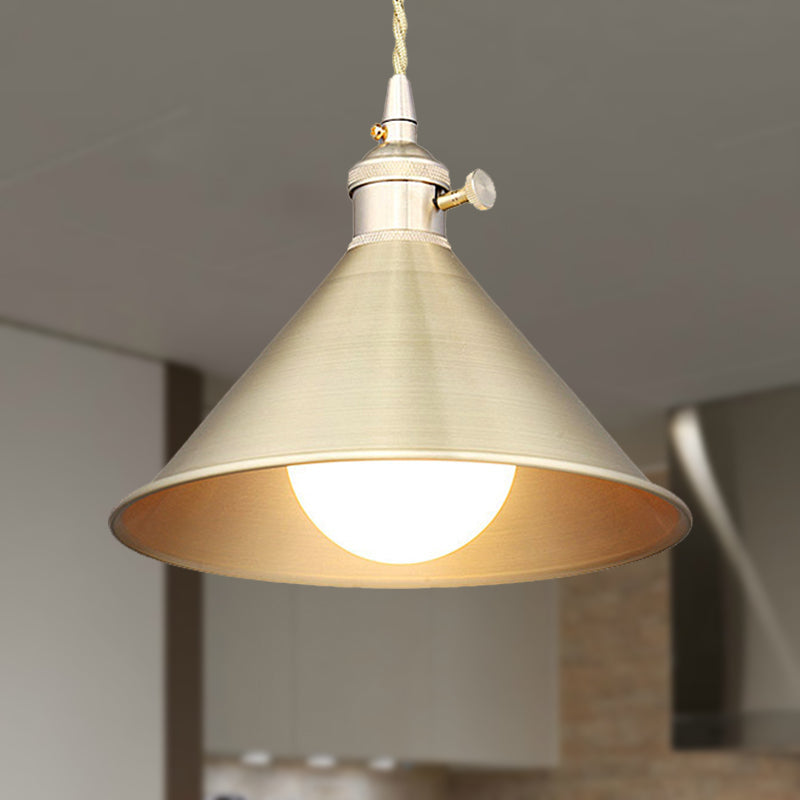 Mid Century Pendant Light With Metallic Brass Finish And Tapered Shade