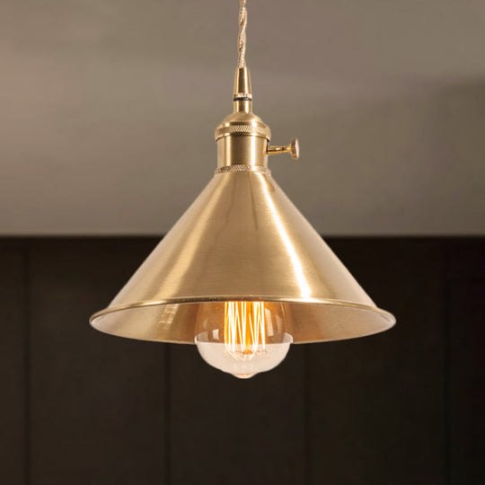 Mid Century Pendant Light Fixture with Metallic Brass Finish & Tapered Shade