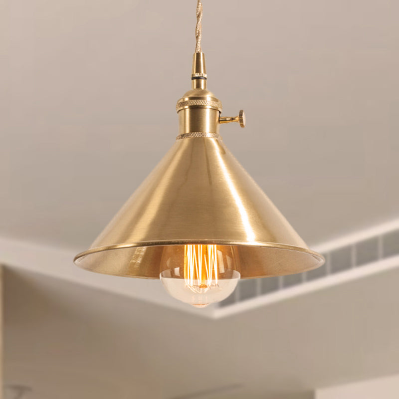 Mid Century Pendant Light Fixture with Metallic Brass Finish & Tapered Shade