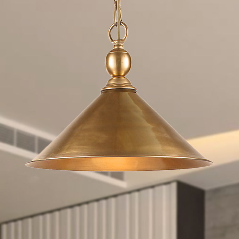 Mid Century Pendant Light With Metallic Brass Finish And Tapered Shade / C