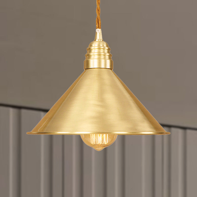 Mid Century Pendant Light Fixture with Metallic Brass Finish & Tapered Shade