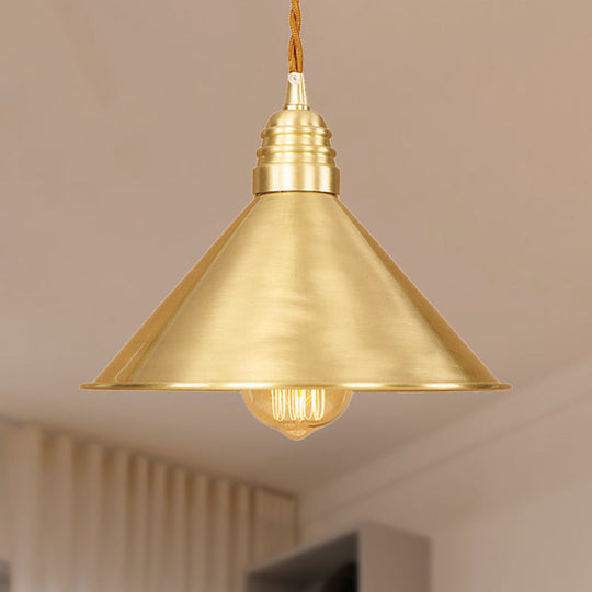 Mid Century Pendant Light Fixture with Metallic Brass Finish & Tapered Shade