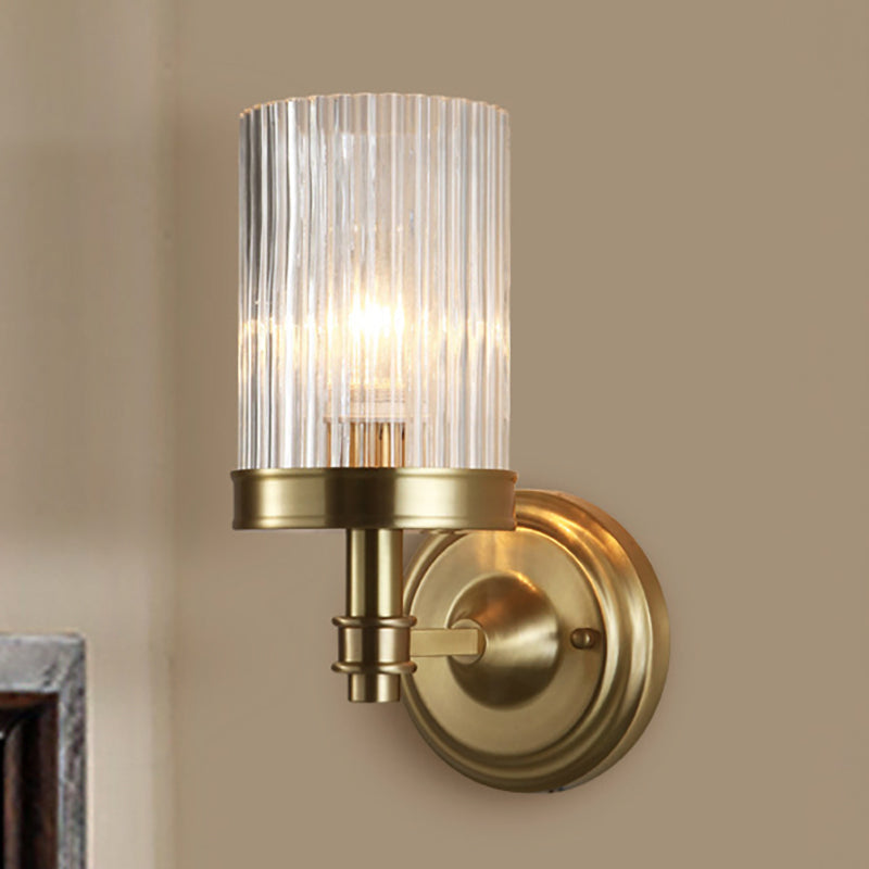 Vintage Style Clear Ribbed Glass Cylinder Wall Lamp - Black/Gold Finish Sconce Fixture For Living