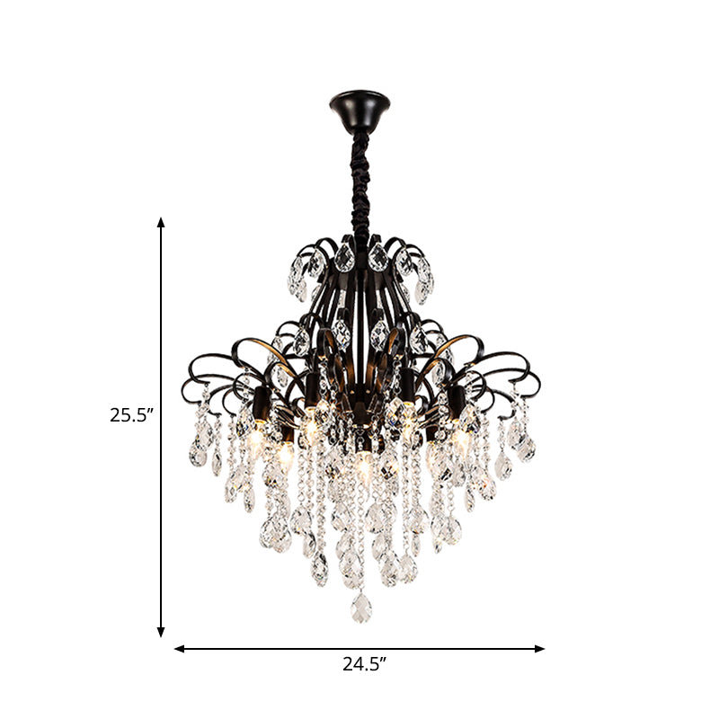 Vintage Teardrop Crystal Chandelier Light - Black Hanging Fixture With Curved Arms 3/7 Lights