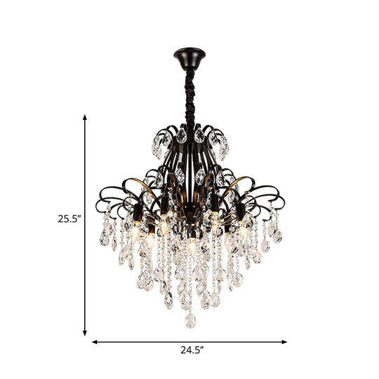 Vintage Teardrop Crystal Chandelier Light - Black Hanging Fixture With Curved Arms 3/7 Lights