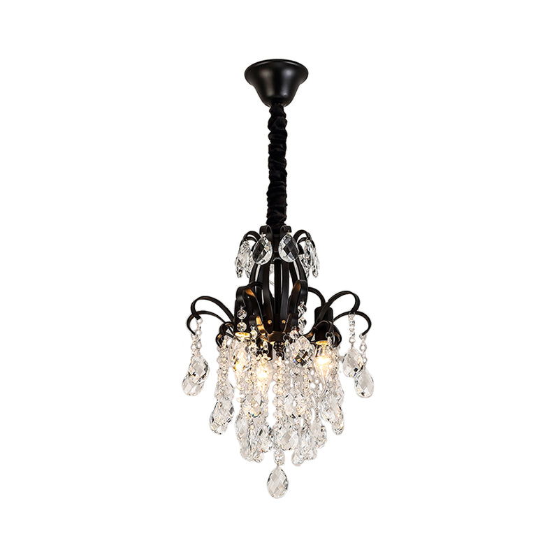 Vintage Teardrop Crystal Chandelier Light - Black Hanging Fixture With Curved Arms 3/7 Lights