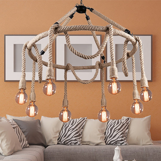 Adjustable Rope Chandelier Pendant Light - Farmhouse Multi Light Bar Ceiling Fixture in Beige