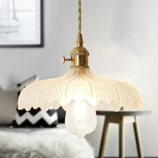 Brass Scalloped Pendant Ceiling Light With Frosted Glass For Living Room - Farmhouse Hanging Lamp