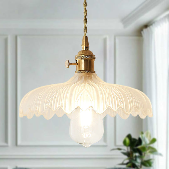 Brass Scalloped Pendant Ceiling Light with Frosted Glass - Farmhouse Style 1-Light Hanging Lamp for Living Room