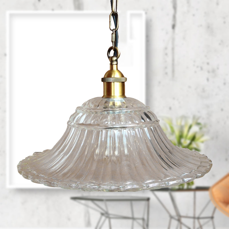 Vintage Brass Ribbed Glass Scalloped Pendant Light With 1-Light Hanging Ceiling Fixture Clear