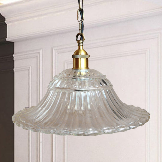 Vintage Brass Ribbed Glass Scalloped Pendant Ceiling Light Fixture - 1-Light Hanging Pendant