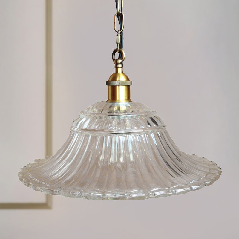 Vintage Brass Ribbed Glass Scalloped Pendant Ceiling Light Fixture - 1-Light Hanging Pendant