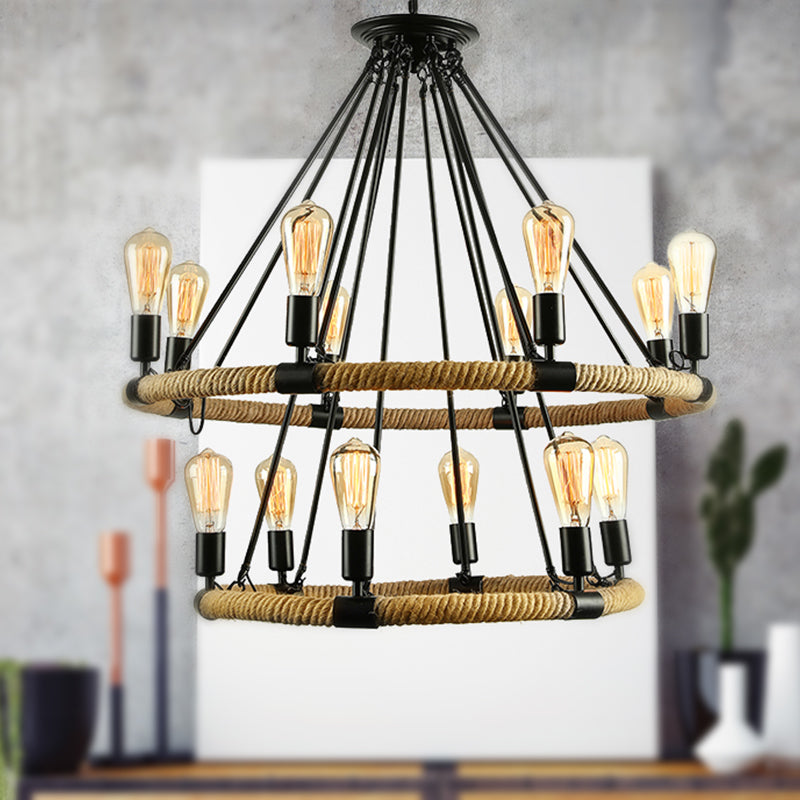 Rustic Rope Ring Chandelier - Lodge Style Pendant Light with Adjustable Chain, 6/8 Heads, Black