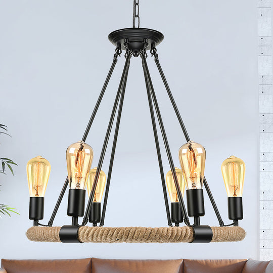 Rustic Rope Ring Chandelier - Lodge Style Pendant Light with Adjustable Chain, 6/8 Heads, Black