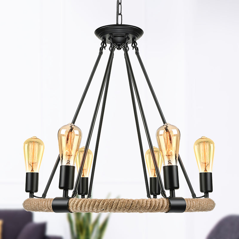 Lodge Style Roped Ring Chandelier Pendant Light With Adjustable Chain - 6/8 Heads In Black