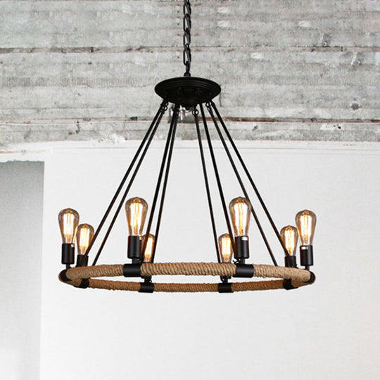 Rustic Rope Ring Chandelier - Lodge Style Pendant Light with Adjustable Chain, 6/8 Heads, Black