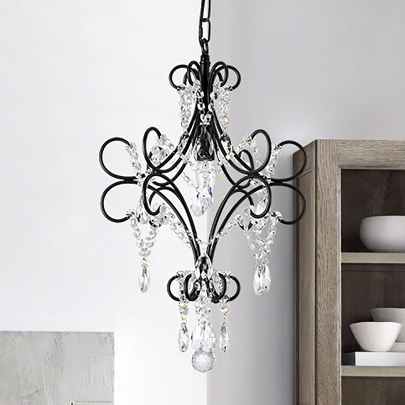 Antique Iron Curve Arm Pendant Light With Crystal Accent - Black Hanging Ceiling