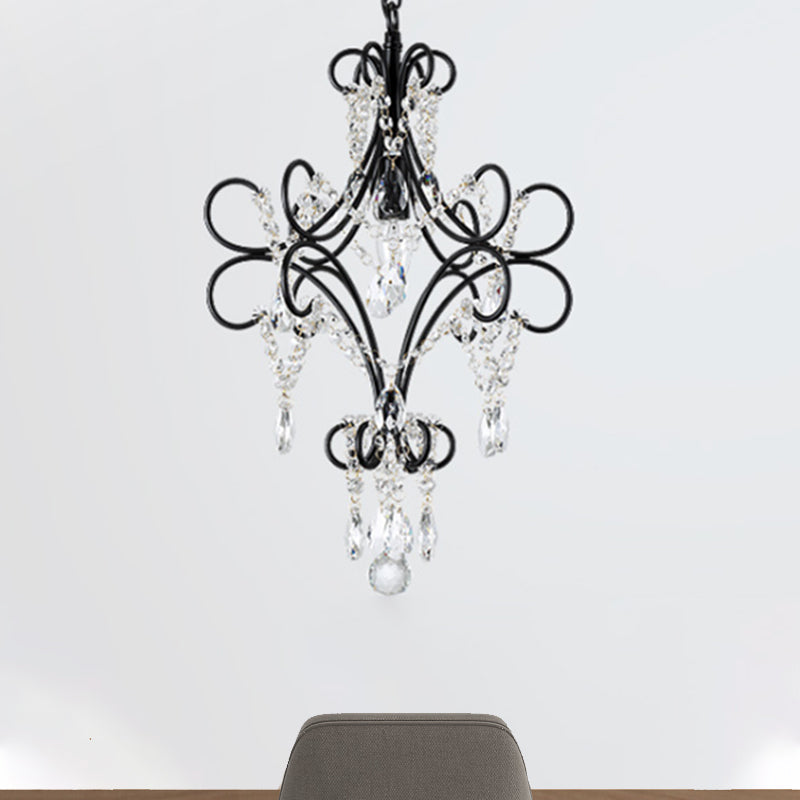 Antique Iron Curve Arm Pendant Light With Crystal Accent - Black Hanging Ceiling