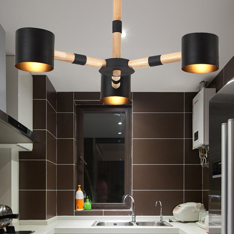 Nordic Modern Hanging Light - Cylinder Shade For Boys Bedroom Chandelier Metal & Wood Design Black