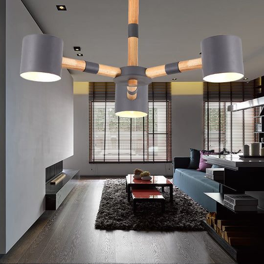 Nordic Modern Hanging Light - Cylinder Shade For Boys Bedroom Chandelier Metal & Wood Design Grey