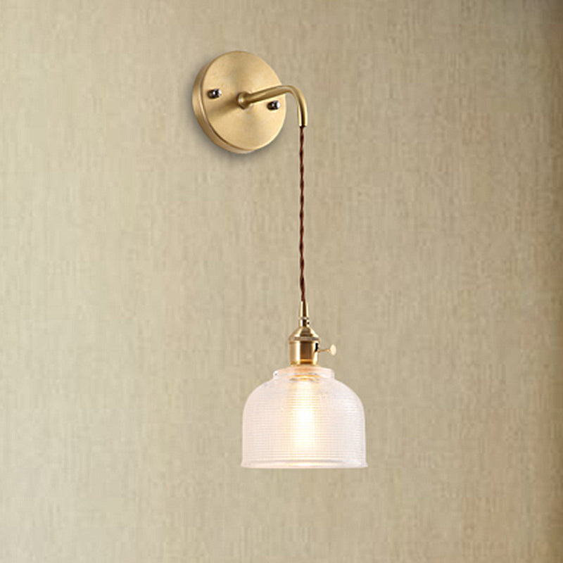 Industrial Brass Sconce With Clear Textured Glass Dome - One Light Lighting Fixture