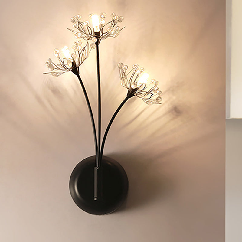 Vintage Black Dandelion Sconce Light With 3 Crystal Wall Lights For Stairway