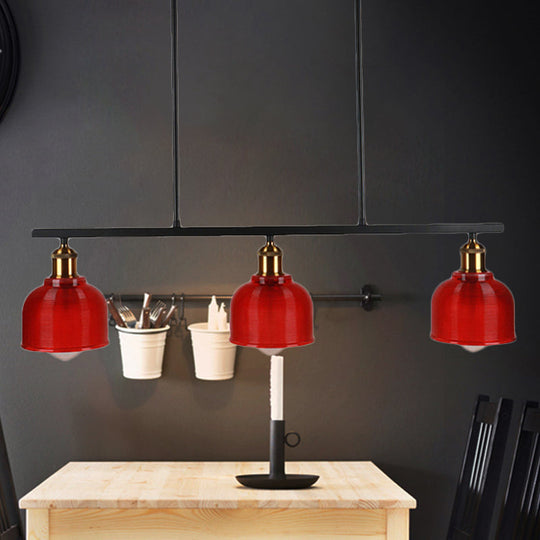 Industrial Black Pendant Lamp With Red/Yellow/Blue Glass Bowls 3-Light For Island Lighting