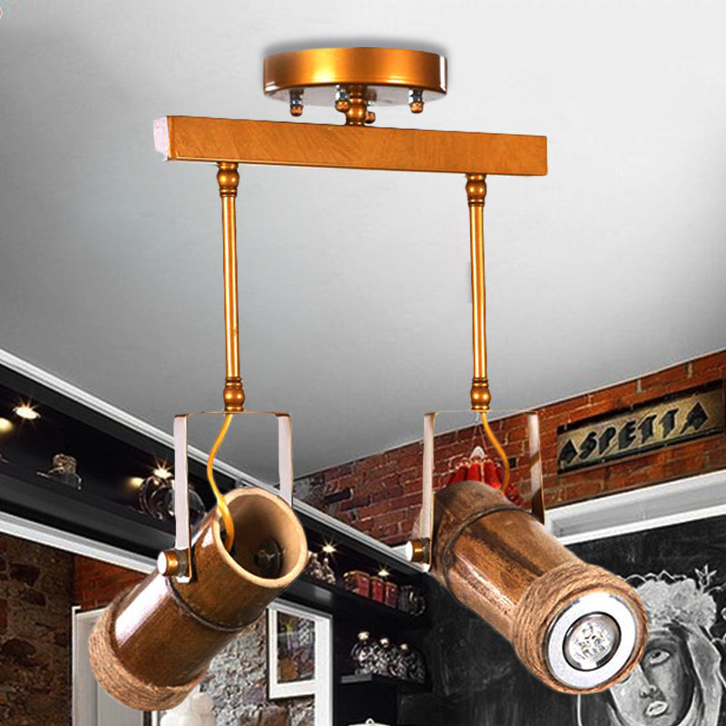 Semi Flush Lodge Light: Stylish Wood, Metal, and Bamboo Adjustable Ceiling Fixture for Restaurants - 1/2/3-Light Tube