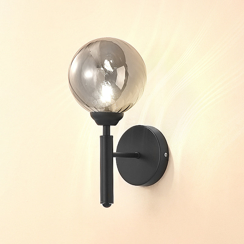 Modern Round Smoked Glass Wall Mounted Lamp In Black - Single Bulb Bedroom Sconce Light