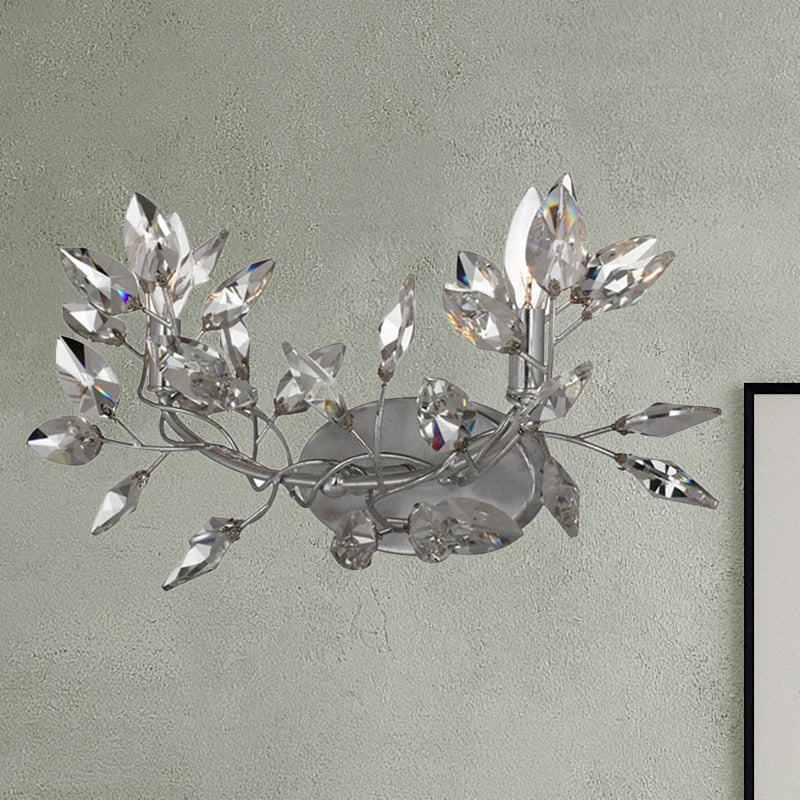 Modern Crystal Leaf Sconce Light - 2 Lights Gold/Silver Wall Mount For Living Room