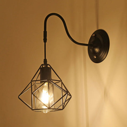 Farmhouse Wall Mount Light Fixture - Metal Cage Design Black Finish / Hexagon