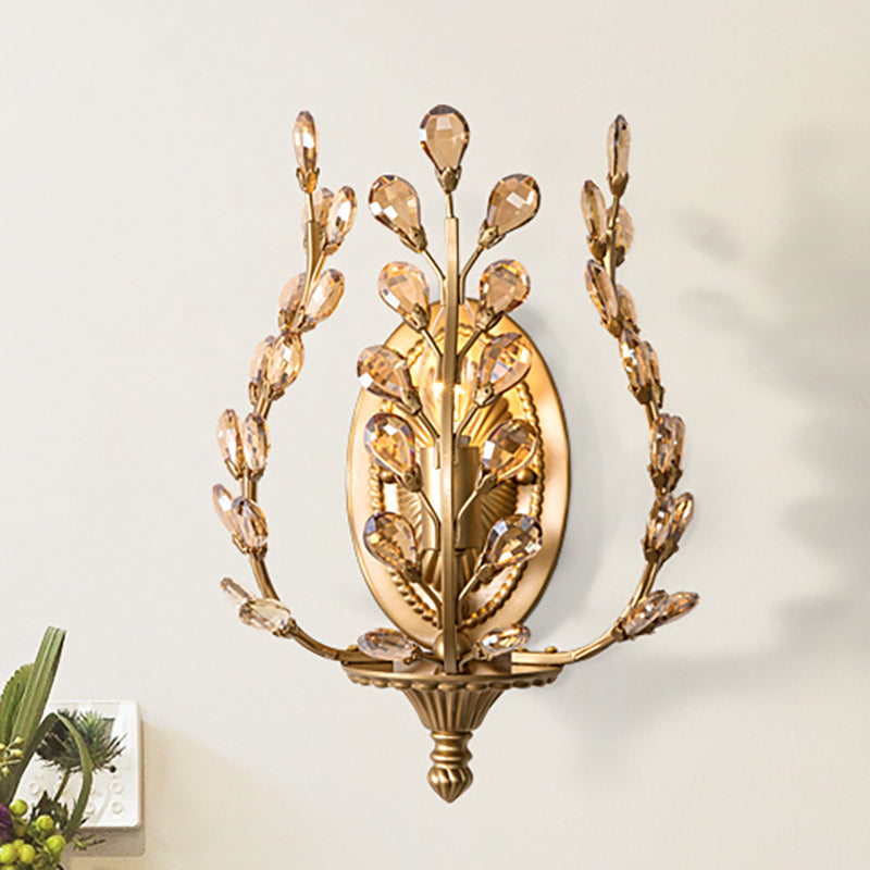 Modern Gold Vine Wall Lamp With Crystal Leaf Accent - 1 Light Metal Sconce For Living Room Amber