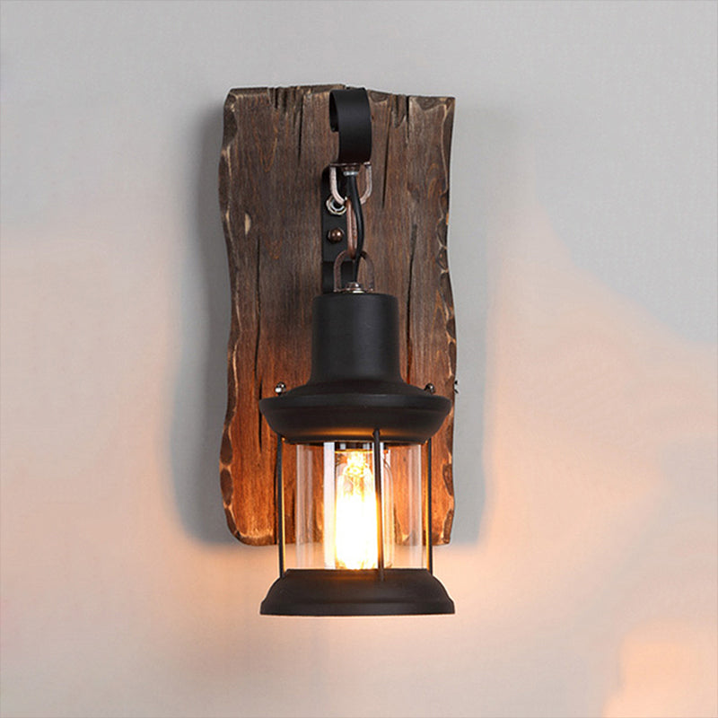 Rustic Clear Glass Caged One-Light Sconce With Wooden Backplate - Black Finish