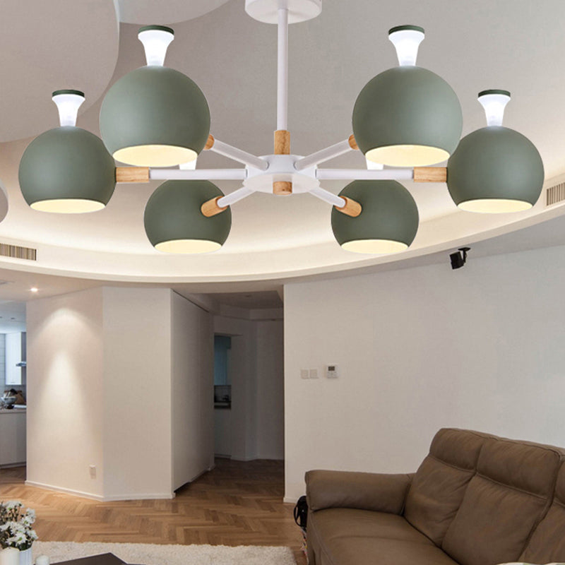 Nursing Room Snowflake Chandelier - 6-Head Wood Ceiling Pendant With Spherical Shade Green