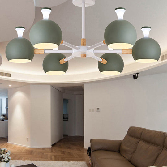 Nursing Room Snowflake Chandelier - 6-Head Wood Ceiling Pendant With Spherical Shade Green