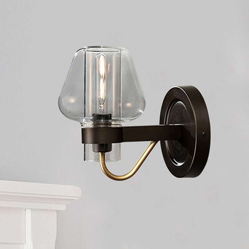 Modern Black Wall Sconce With Clear Glass Mushroom Shade - 1 Light Bedroom Lighting Fixture