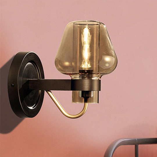 Modern Black Mushroom Wall Sconce With Amber Glass - Bedroom Lighting Fixture