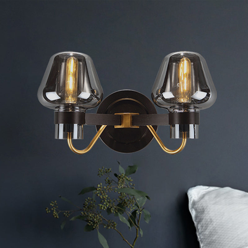 Modern 2-Bulb Wall Light: Mushroom Shade Smoked Glass Sconce For Bedroom Lighting