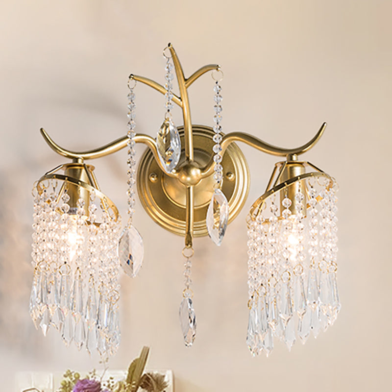 Modern 2-Light Crystal Shade Wall Sconce With Brass Branch Fixture