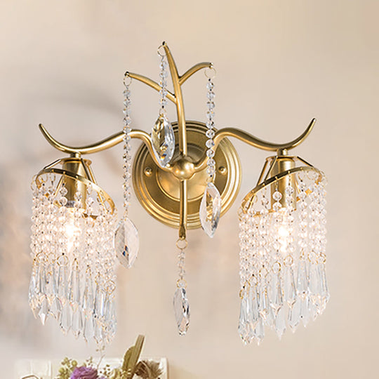 Modern 2-Light Crystal Shade Wall Sconce With Brass Branch Fixture