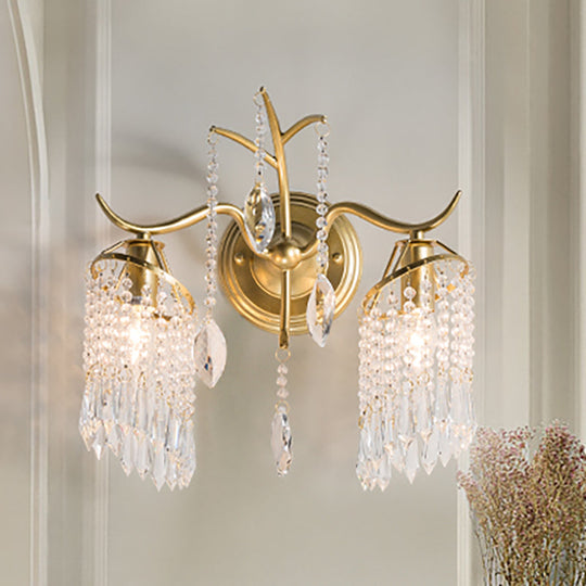 Modern 2-Light Crystal Shade Wall Sconce With Brass Branch Fixture