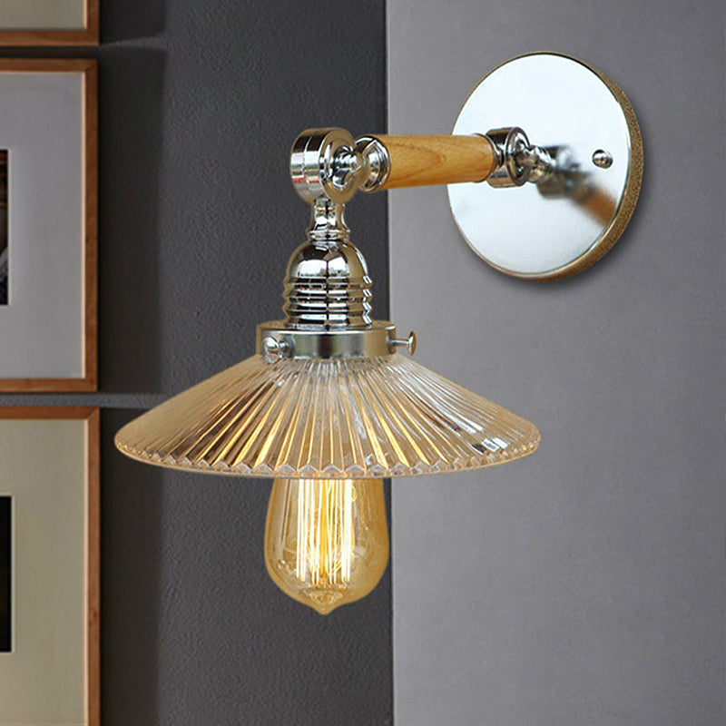 Clear Ribbed Glass Wall Sconce Light With Industrial Chrome Cone Wooden Arm - 1 8/4/6 Wide Living