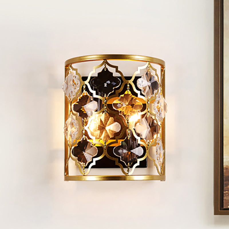 Vintage Stylish Brass Wall Mounted Lamp With Clear Crystal Accent - Half-Cylinder Lighting 2 Lights