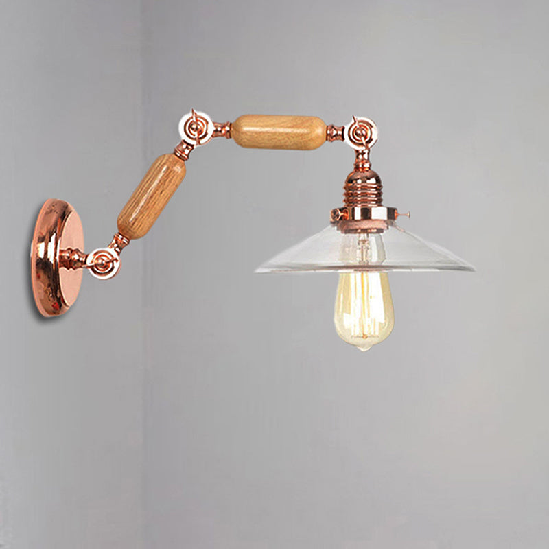 Clear Glass Wood Sconce Light: Industrial Wall Lamp With Extendable Arm - 1-Light Fixture