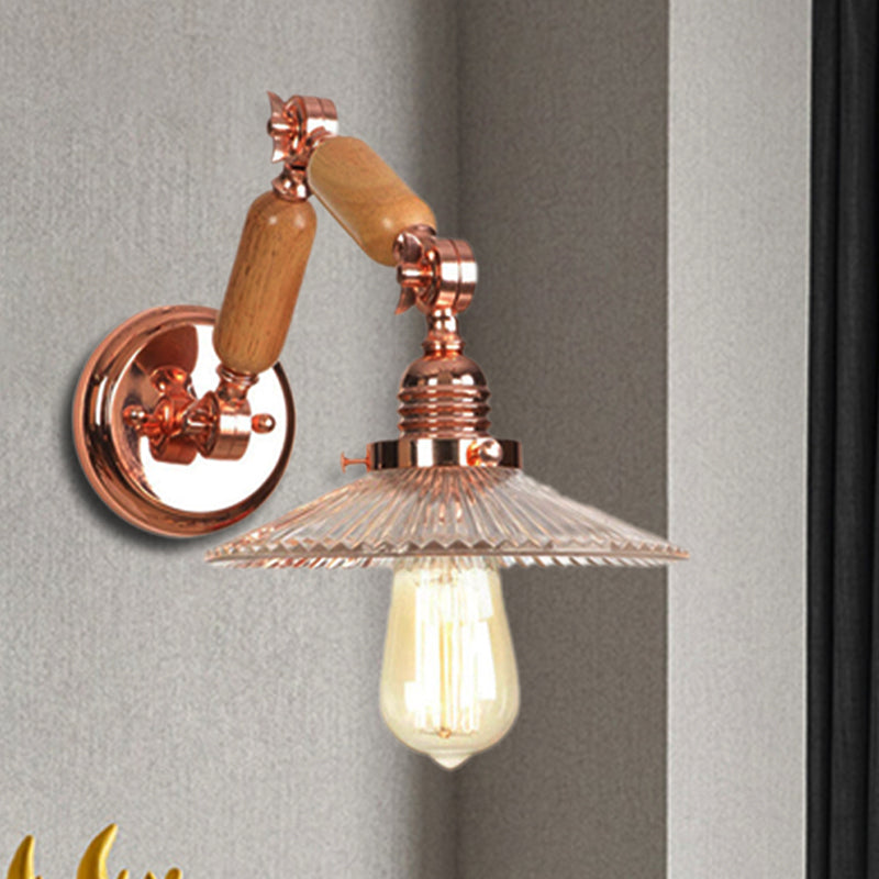 Industrial Living Room Sconce With Clear Prismatic Glass Shade And Curved Arm