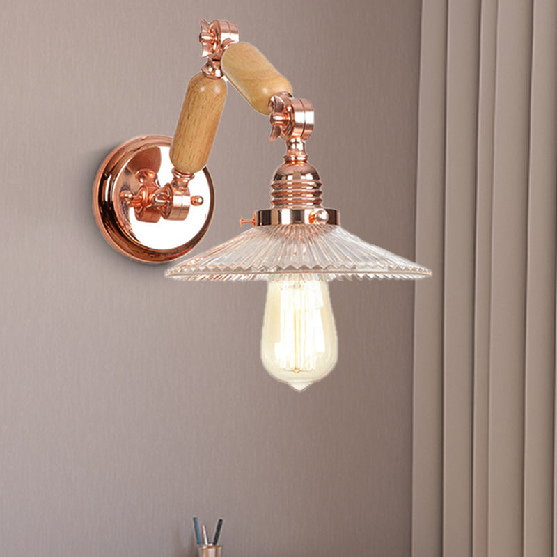 Industrial Living Room Sconce With Clear Prismatic Glass Shade And Curved Arm