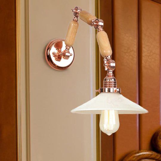 Industrial Opal Glass Cone Wall Light With Curved Arm - 1 Wood Finish Dining Room Sconce Fixture